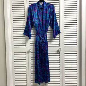 Vintage J.O. Intimates 80s Purple Blue Satin Long Floral Robe Sz S Hong Kong